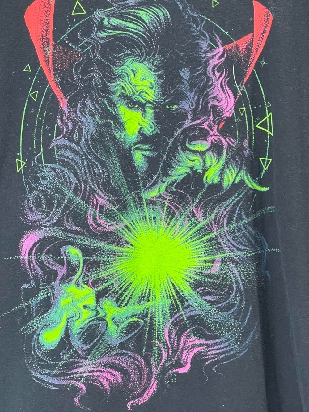 Black Graphic Men's T-Shirt with Neon Wizard Illustration - Picture 2 of 4